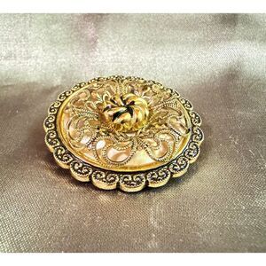 Vintage W Germany Gold Tone Filigree Scarf Clip Dress Clip Black Enamel Flower